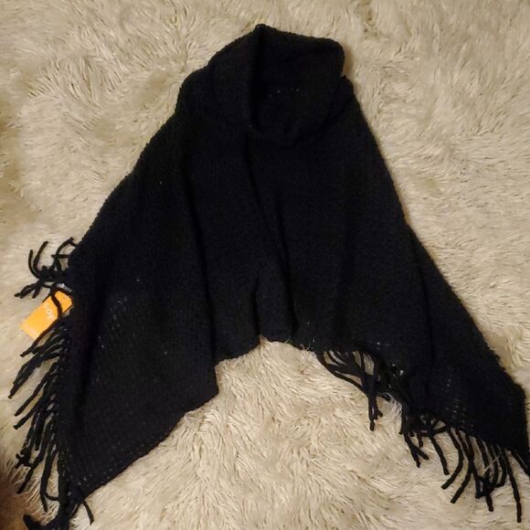 Black Knit Poncho with Fringe Cloaked Rowana Poncho - Black - Picture 3 of 9